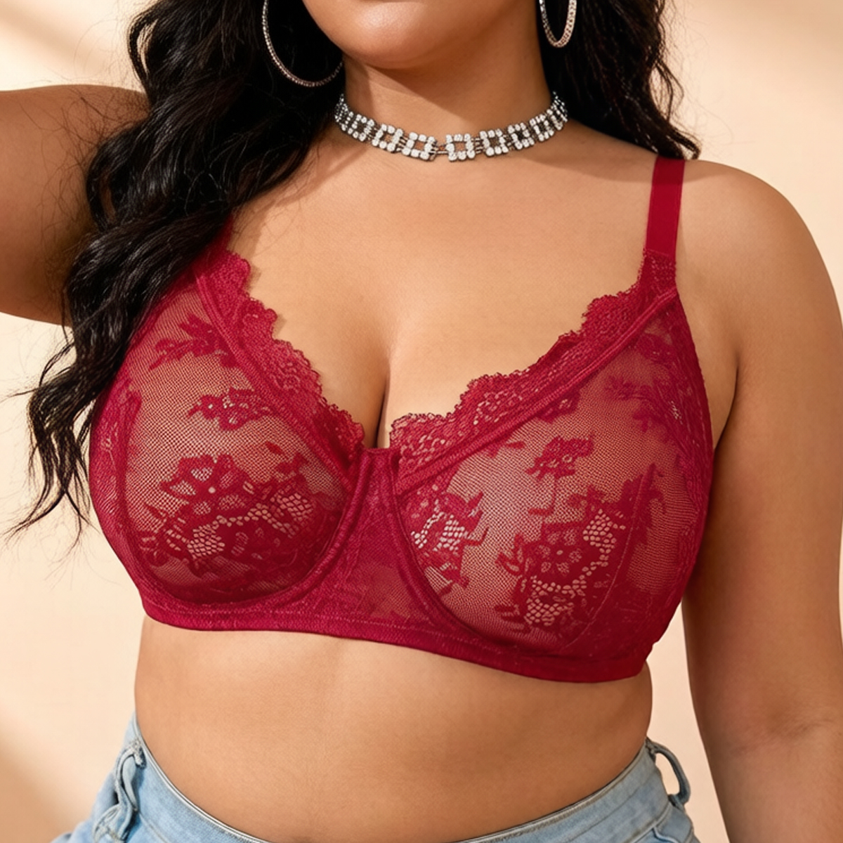 Women Plus Size Red Lace Sheer – обзор и цена Sheer Mesh Bra