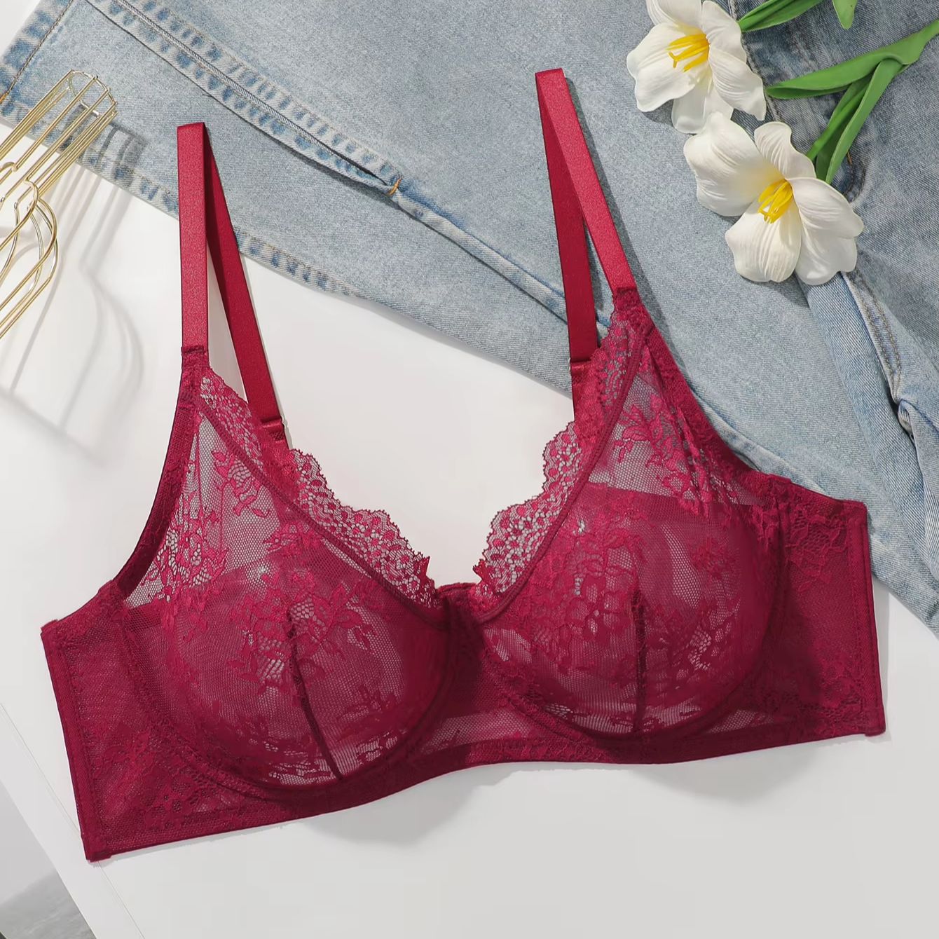 Women Plus Size Red Lace Sheer – обзор и цена Sheer Mesh Bra
